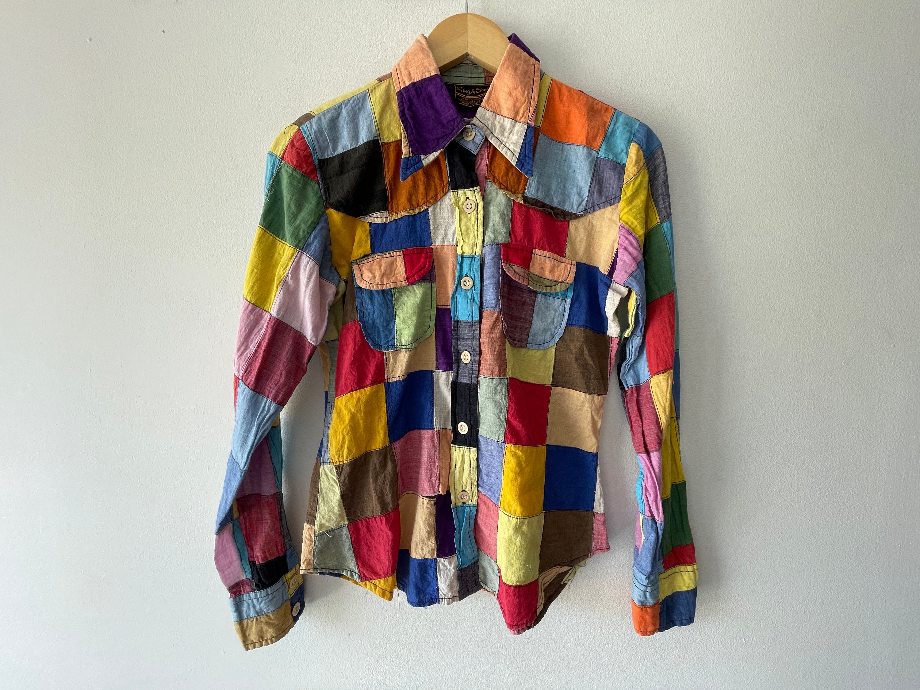 美品Embroidery Patchwork Shirts Vintage 80's Quilted Patchwork Western Button up Shirt