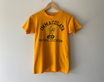 70s blue bar immaculata phys. ed shirt