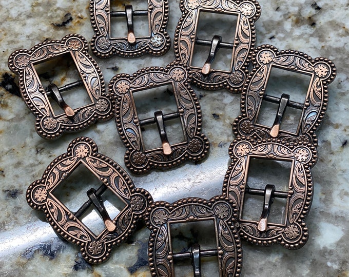 thumbnail interactive-video image 1 of Texas Uniques Antique Copper Nickel Turquoise Headstall Buckle – Western Tack Hardware, CON417-D-TQ 1 of 3