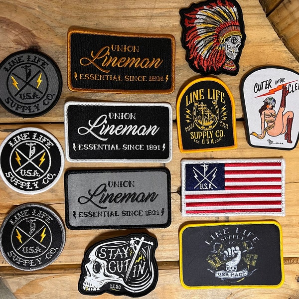 Patches- 13 different styles- lineman pride- lineman patch- glove bag- blue collar- tactical- union lineman- stay cut in- reddy kilowatt