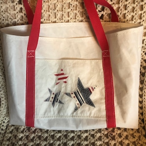 Sailcloth tote handmade features Stars and Stripes bag made with repurposed materials