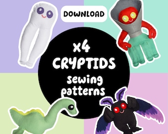 Cute Cryptids x4 Felt Sewing Patterns (Mothman, Nessie, Flatwoods Monster, Fresno Nightcrawler)