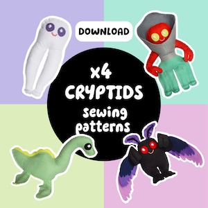 May include: Four colourful sewing patterns for making plush cryptids. The patterns include a white, long-legged creature with googly eyes, a green, eight-legged creature with a red head, a green, long-necked creature, and a black moth with red eyes and purple wings. The patterns are titled "x4 Cryptids Sewing Patterns".