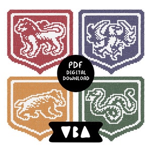 DIGITAL DOWNLOAD Cross Stitch Pattern: Wizard Medieval House Crests - PDF (lion, badger, raven/eagle, snake)