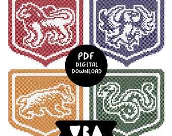 DIGITAL DOWNLOAD Cross Stitch Pattern: Wizard Medieval House Crests - PDF (lion, badger, raven/eagle, snake)