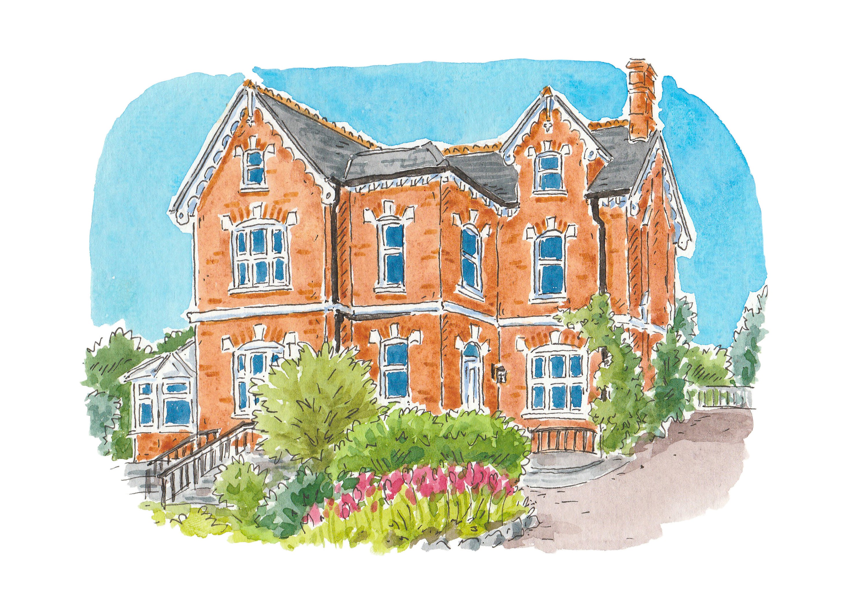 Custom HOUSE Portrait - Artist Hand Painted watercolour and Ink Illus…