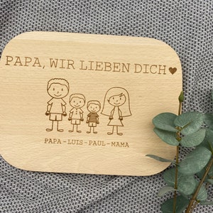 Frühstücksbrett Familie Strichmännchen Brett Schneidebrett Kinderbrett Geschenk Geburtstag Papa Weihnachten Name Namensbrett Holz braun