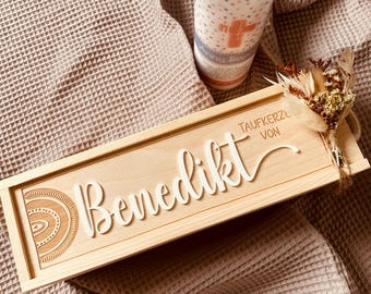 Aufbewahrungsbox für Taufkerzen | personalisierte Kerzenbox mit Namen | Holzkiste mit Gravur für die Taufkerze