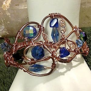 Copper free form, blue crystal bead cuff