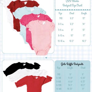 May include: A collection of short-sleeve and long-sleeve ruffle bodysuits in white, red, light blue, pink, and black. The image includes two size charts with measurements in inches for chest and length, labelled QRB Blanks and Girls Ruffle Bodysuits.