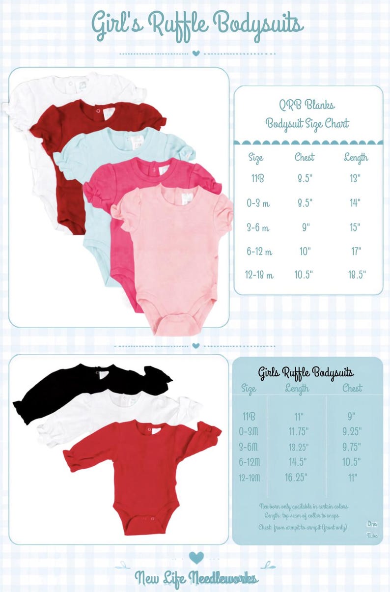 May include: A collection of short-sleeve and long-sleeve ruffle bodysuits in white, red, light blue, pink, and black. The image includes two size charts with measurements in inches for chest and length, labelled QRB Blanks and Girls Ruffle Bodysuits.