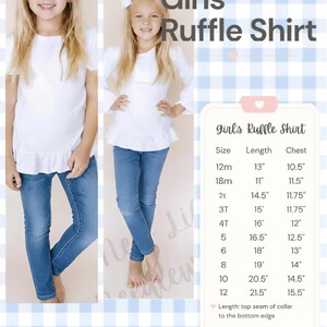 May include: A white long-sleeve shirt with a ruffled hem. The image includes a size chart with measurements in inches for sizes 12m through 12, detailing length from the collar seam to the bottom edge and chest width measured flat from armpit to armpit.