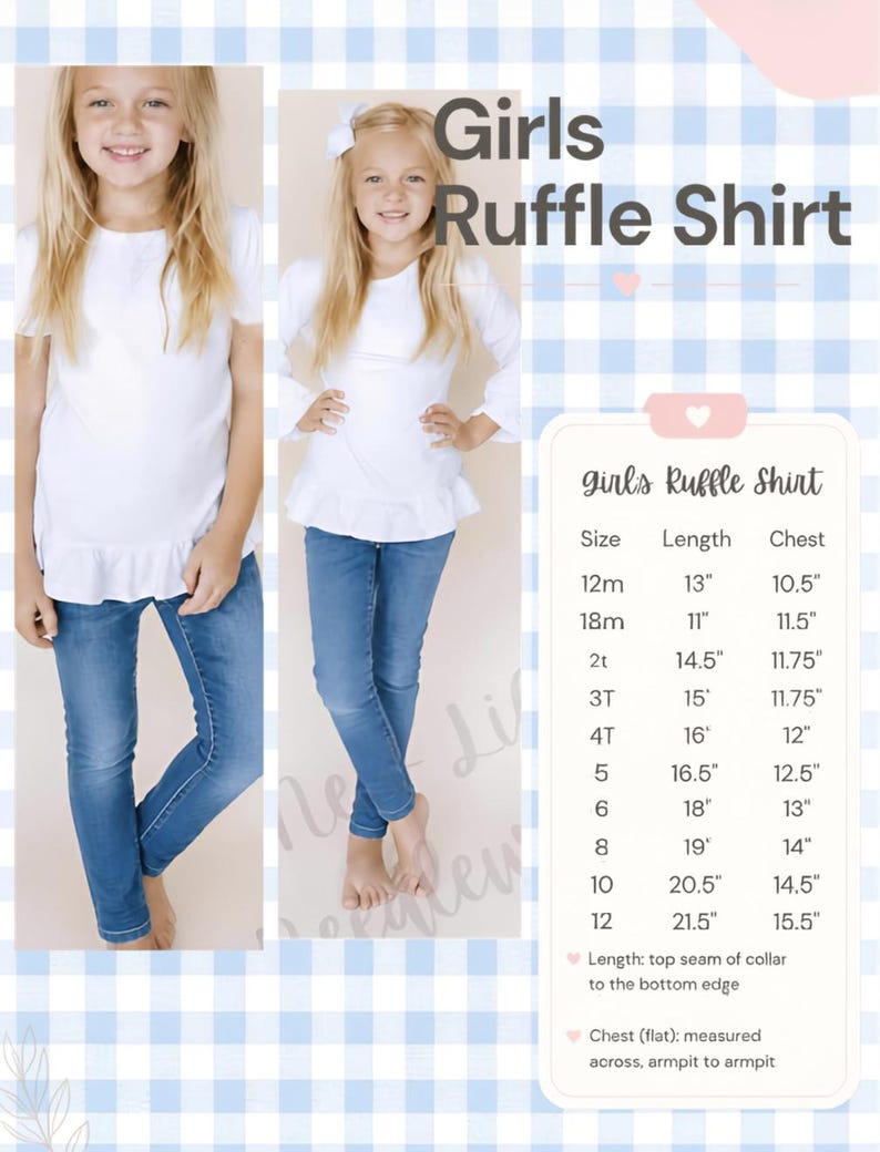 May include: A white long-sleeve shirt with a ruffled hem. The image includes a size chart with measurements in inches for sizes 12m through 12, detailing length from the collar seam to the bottom edge and chest width measured flat from armpit to armpit.
