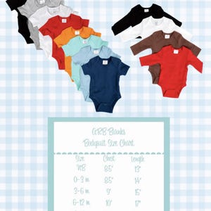 May include: A collection of short-sleeve and long-sleeve baby bodysuits in various solid colours including black, grey, white, red, orange, teal, and blue, displayed alongside an ARB Blanks Bodysuit Size Chart with measurements in inches.