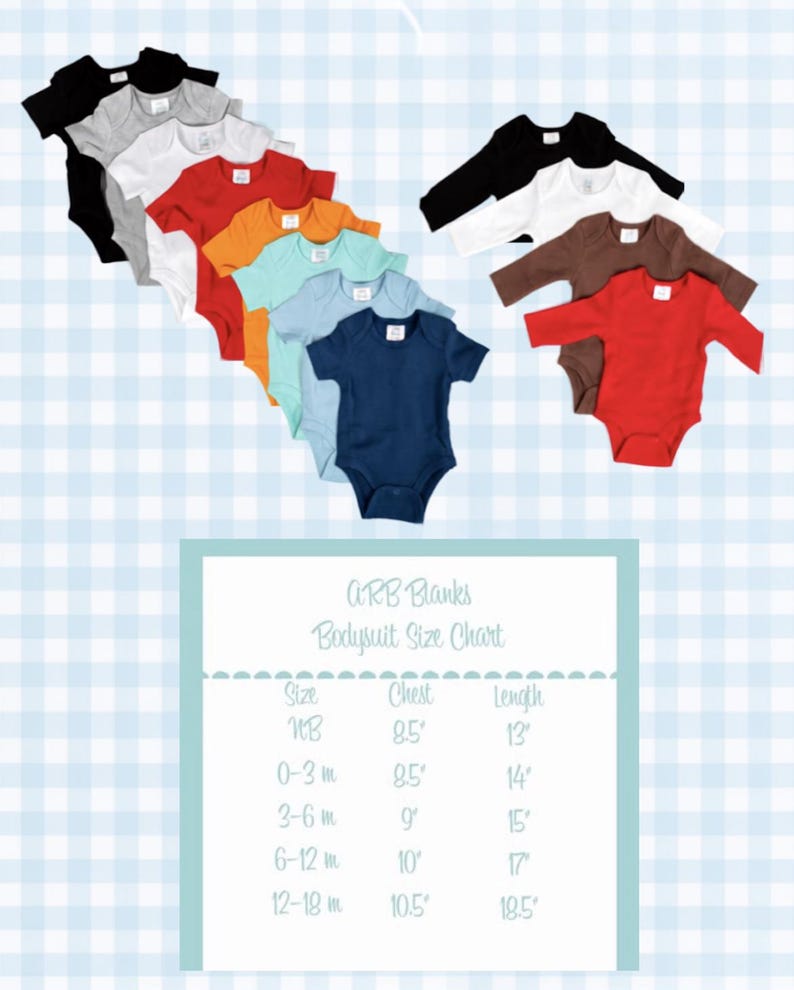 May include: A collection of short-sleeve and long-sleeve baby bodysuits in various solid colours including black, grey, white, red, orange, teal, and blue, displayed alongside an ARB Blanks Bodysuit Size Chart with measurements in inches.
