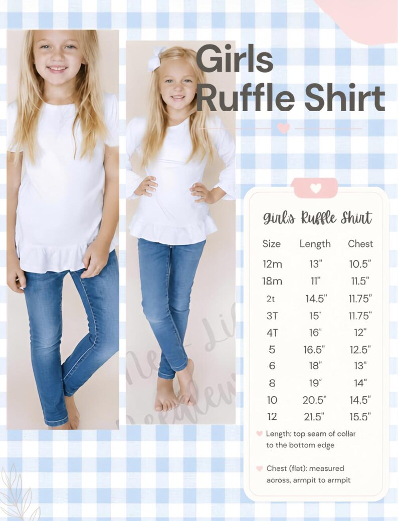 May include: A white long-sleeve shirt with a ruffled hem. The image includes a size chart with measurements in inches for sizes 12m through 12, detailing length from the collar seam to the bottom edge and chest width measured flat from armpit to armpit.