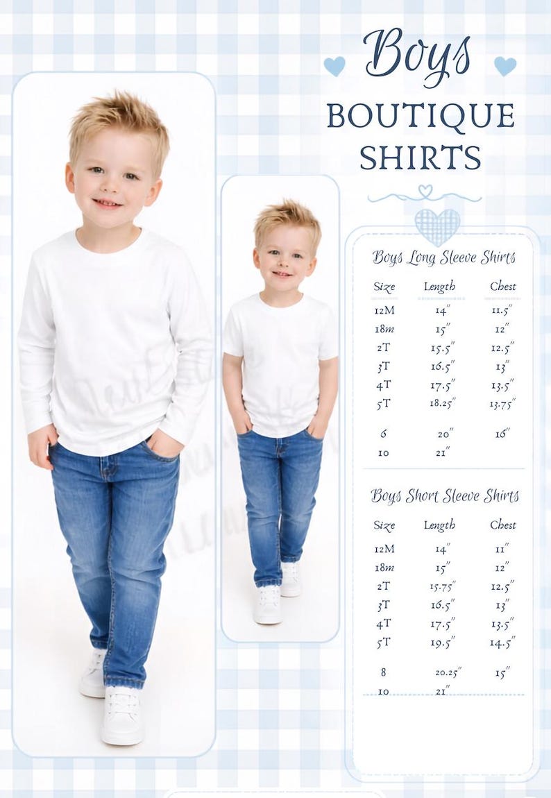 May include: A white long-sleeve shirt and a white short-sleeve shirt paired with blue jeans. The image includes a size chart for boys' boutique shirts with measurements in inches for long and short sleeve styles ranging from 12M to 10.