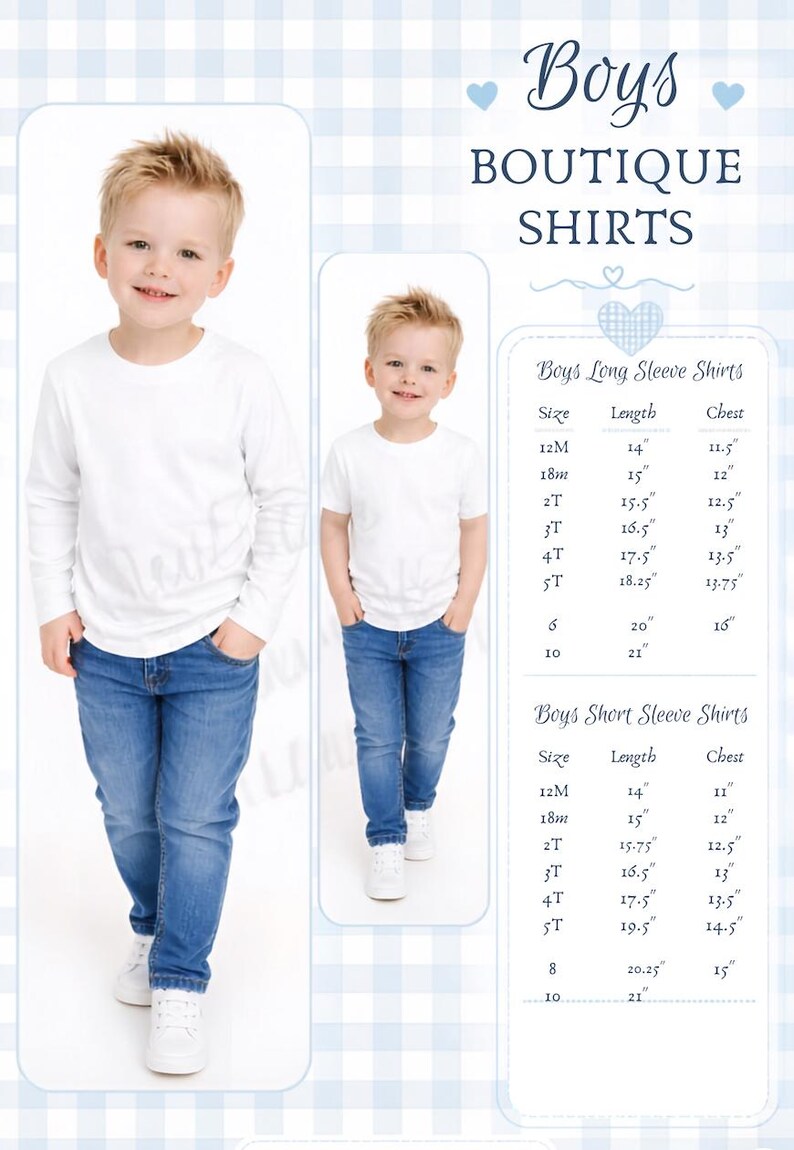 May include: A white long-sleeve shirt and a white short-sleeve shirt paired with blue jeans. The image includes a size chart for boys' boutique shirts with measurements in inches for long and short sleeve styles ranging from 12M to 10.