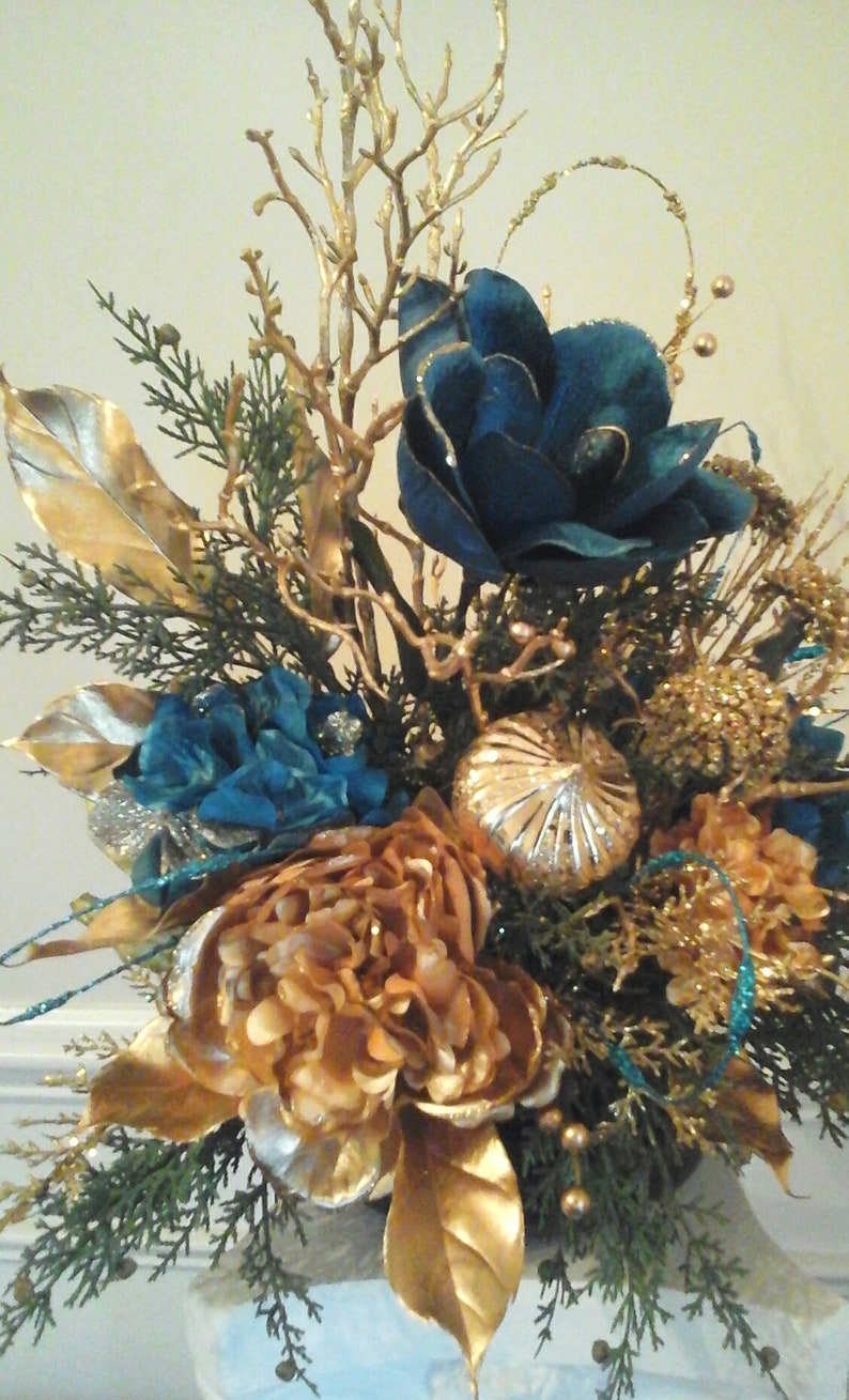Christmas Floral Arrangement Teal and Gold Floral | Etsy