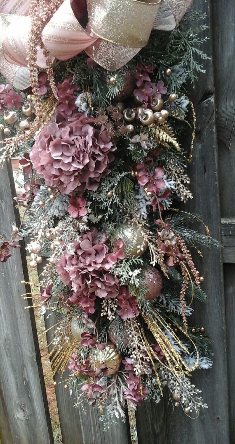 Christmas Floral Swag Wreath Elegant Rose Gold Wall Swag Etsy