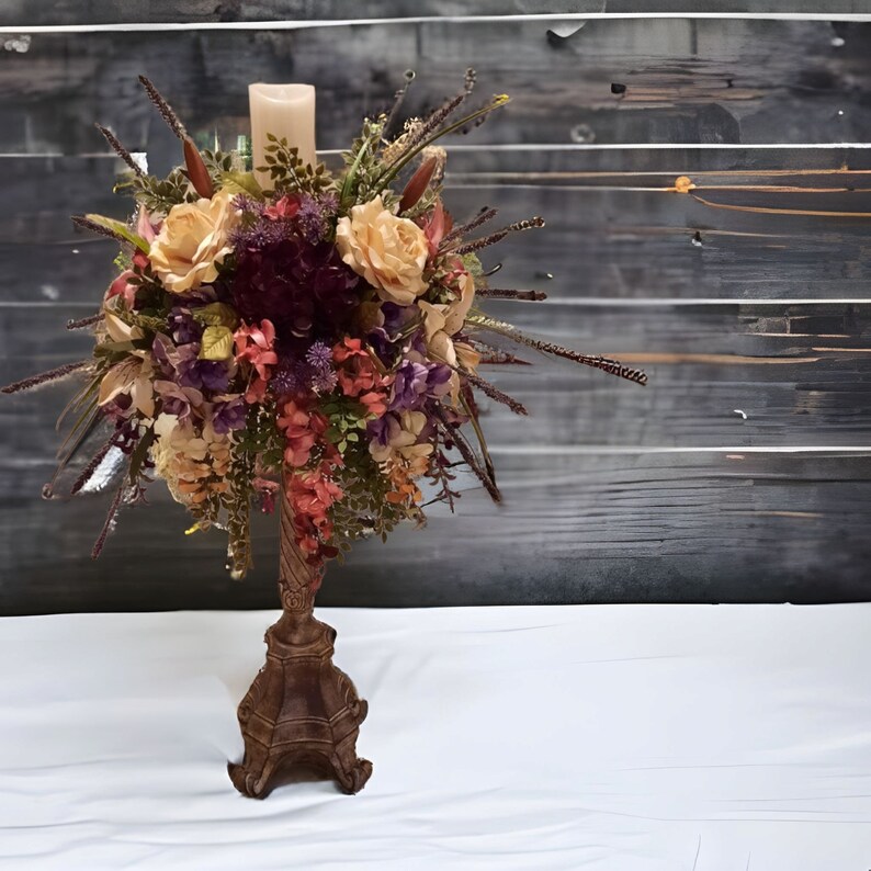 Candle Stick Floral Arrangement Floral Centerpiece Tall Silk Etsy