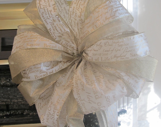 Christmas Tree Topper Bow Gold Swag Religious Phrases Stair Etsy