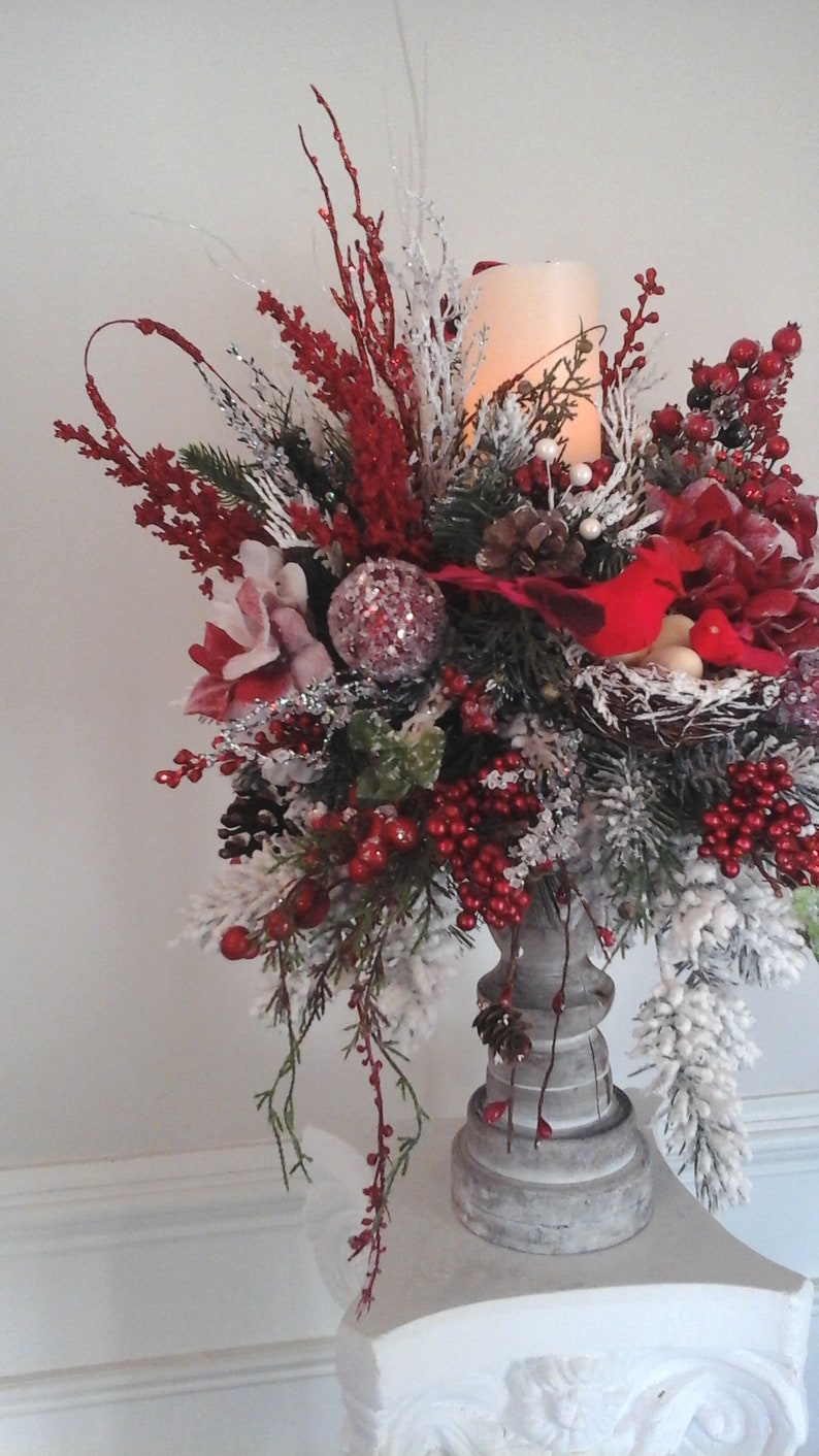 Christmas Floral Arrangement Candle Stick Centerpiece Etsy