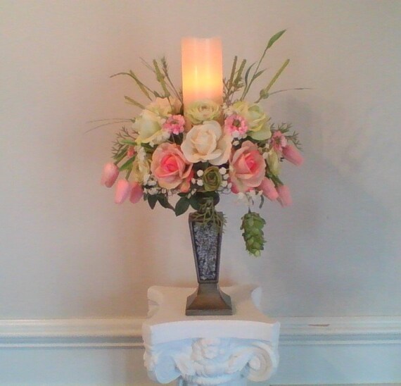 Candle Stick Floral Arrangement Candle Centerpiece Shipping Etsy