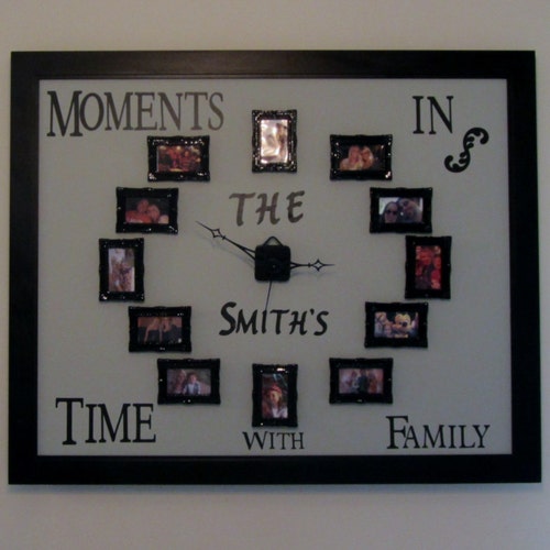 Frame With Clock ,12 Picture Frames, Monogramed, Custom Made For Any Occasions, Graduation, Weddings, Fathers Day, New Baby, Families