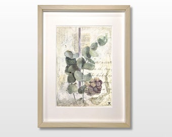 collage originale, collage artistico, arte collage, home decor, hydrangea II, fiore, colori pastello, arte murale, quadro da appendere