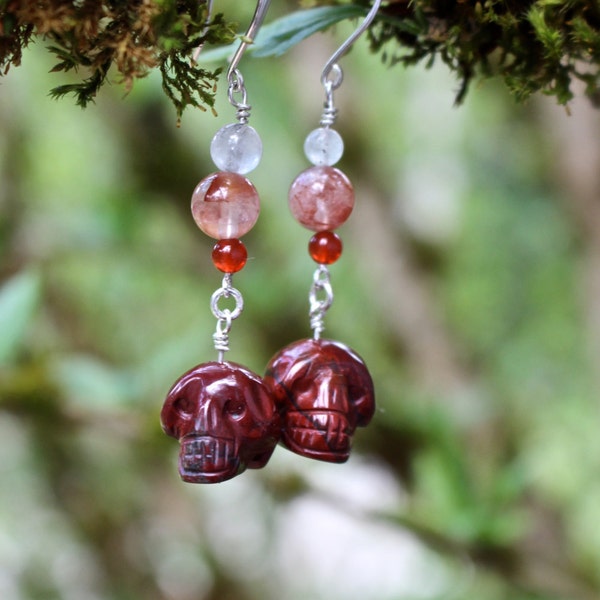 Red Jasper Skulls With Sterling Silver, Carnelian, Strawberry Quartz and Rainbow Moonstone Accents