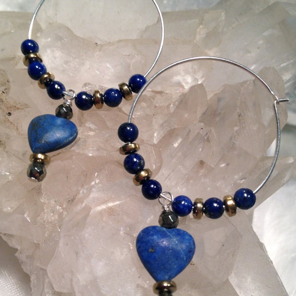 Lapis Lazuli Heart Drop Earrings With Pyrite, Golden Hematite And Lapis Lazuli Accent, Sterling Silver Hoops and Wire