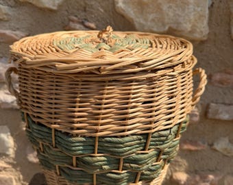 Cesta italiana vintage tejida a mano con tapa, cesta de almacenamiento de mimbre verde, decoración rústica mediterránea, cesta de almacenamiento decorativa