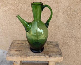 Vintage Italian Green Glass Cruet, Olive Oil Carafe with Handle and Spout, Mediterranean Glass Bottle, Rustic Kitchen Decor