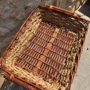 Cesta bandeja vintage italiana tejida a mano, bandeja rectangular de mimbre para servir, decoración rústica mediterránea, bandeja decorativa de almacenamiento.