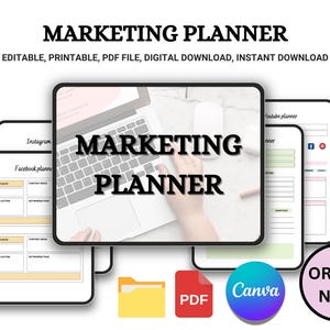 Könnte beinhalten: Ein digitaler Download eines druckbaren Marketingplaners im PDF-Format. Der Planer enthält Abschnitte für Facebook-, Instagram- und YouTube-Pläne. Das Bild zeigt auch den Text "MARKETING PLANNER" und "ORDER NOW".