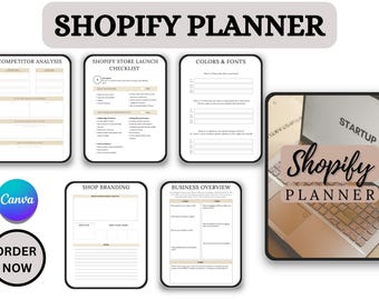 May include: A printable Shopify planner with a beige and white color scheme. The planner includes sections for competitor analysis, shop branding, business overview, Shopify store launch checklist, and colors and fonts. The planner is designed to help entrepreneurs launch and grow their online businesses.
