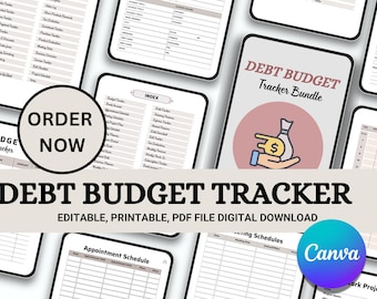 May include: A digital download bundle of printable debt budget tracker worksheets. The bundle includes a variety of worksheets, such as a budget tracker, a weekly schedule, an appointment schedule, and a work project plan. The worksheets are designed to help you track your finances and stay organized. The bundle is available for purchase on Canva.
