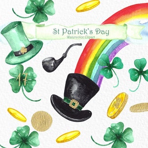 May include: Watercolor clipart set for St. Patrick's Day featuring a rainbow, shamrocks, a leprechaun's hat, a pipe, and gold coins.