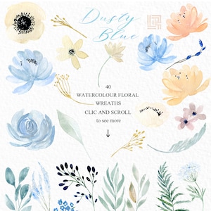 Clipart mit Aquarellblumen in staubigem Blau und Gold, handgezeichnet: Elemente. Sanfte Blau-, Grau- und Cremetöne. Pfingstrosen, Anemonen, Rosen, weiche Zweige