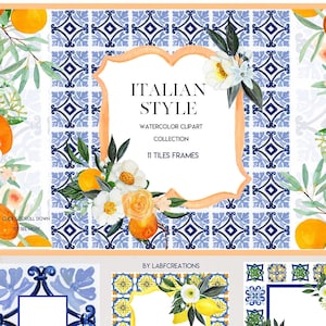 Blue Tile Frames. Italian Style. Mediterranean tile Frames. Watercolor clip art .