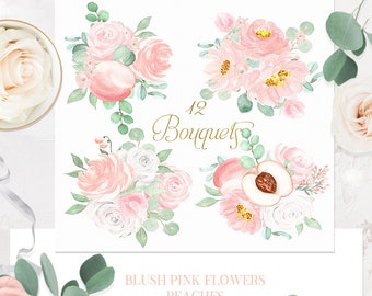 Blush Pink Bouquets, Peaches, TILES. Watercolor clipart. Pink Tiles. Watercolor greenery. Lavender. Peach cream Flowers.  Peach watercolor