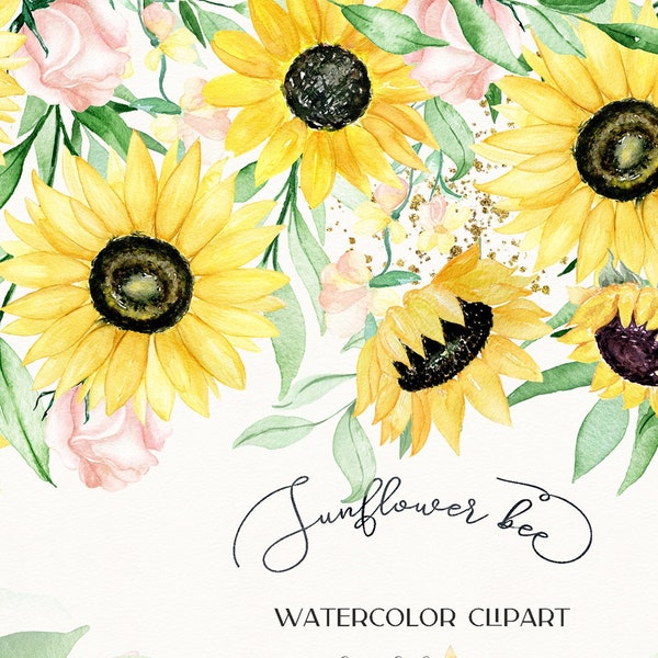 Sunflowers and Greenery Watercolor  Backdrops | Sunflowers & Watercolor clipart. | Sunflower stencil |  Green  with Sunflower clipart.