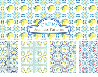 Seamless Patterns Capri Italy Wedding Watercolor clipart. Lemons and Blue Tiles