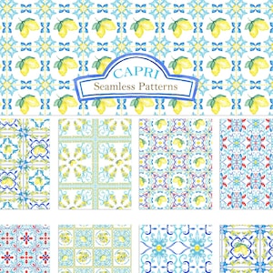 Seamless Patterns Capri Italy Wedding Watercolor clipart. Lemons and Blue Tiles