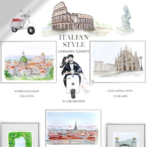 Italienische Sehenswürdigkeiten, Aquarell Illustration. Aquarell Clipart. Druckbar. Coliseum, Roller, Mailand, Amalfiküste, Mediterrane Landschaften