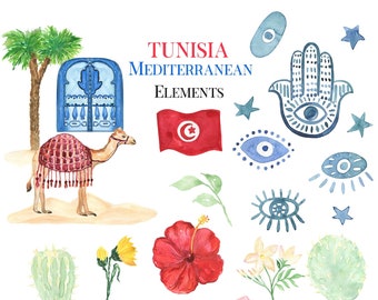 Tunisia Mediterranean ELEMENTS Wedding Watercolor clipart. South Africa Mediterranean