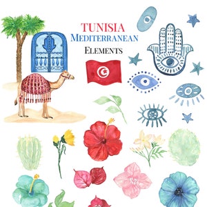 Tunesien Mediterrane ELEMENTE Hochzeit Aquarell Clipart. Südafrika Mittelmeer