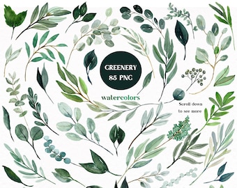 Watercolor Greenery Clipart  | DIY| Watercolor Leaves | Green Foliage | Greenery Clipart | Wedding Clipart