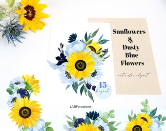 Sonnenblumen und Dusty Blue Aquarell Bouquets | Sonnenblumen & Aquarell Clipart. | Sonnenblumen Schablone |  Eukalyptus mit Sonnenblumen Clipart.